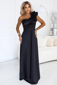 Rochie de seară maxi din satin, cu un umăr gol, cu volănaș decorativ - negru - Img 4