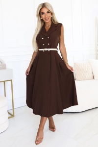 Rochie elegantă midi cu nasturi aurii și curea - ciocolatiu