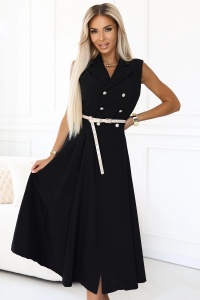 Rochie elegantă midi cu nasturi aurii și curea - neagră
