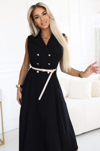 Rochie elegantă midi cu nasturi aurii și curea - neagră - Img 2