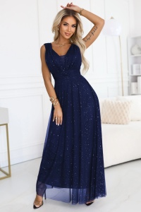 Rochie lungă de seară cu accent de brocart și decolteu adânc - bleumarin