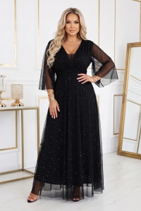 Rochie lunga stralucitoare plus size cu decolteu si maneca transparenta - neagra - Img 4