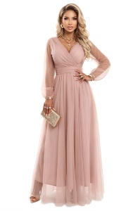 Rochie maxi lungă cu mâneci din tulle și decolteu tip plic - roz pudră