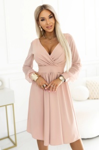Rochie midi eleganta cu decolteu petrecut si maneci din tul - bej
