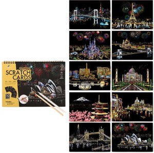Set de 10 coli razuibile, Scratch Book design Orasele Lumii, varianta Clasic, activitate relaxanta pentru copii si adulti