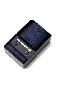 Set pentru barbati, include cravata, batista de buzunar, butoni, clema de cravata in design clasic, culoarea albastru royal, The Casius.®