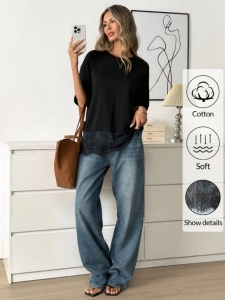 Tricou dama lejer cu maneca scurta, guler rotund si tiv din dantela, casual elegant - Img 4
