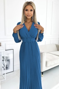 VIVIANA Rochie plisată midi cu decolteu, mânecă lungă și cordon lat - culoare JEANS - Img 2