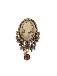 Brosa vintage tip camee, 6.3 x 3.4 cm, culoarea maro si auriu