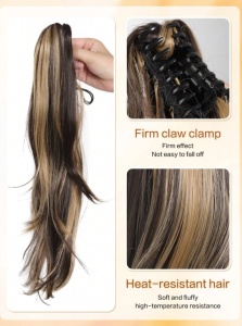 Coada de par extensie Ponytail usor ondulata, 45 cm, culoarea saten cu suvite blonde - Img 3