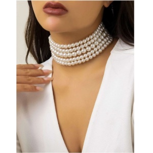 Colier choker din multiple siraguri de perle albe faux pentru femei, model la baza gatului, culoarea alb - Img 2