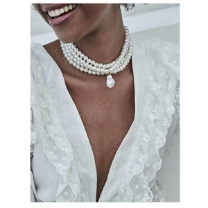 Colier choker din perle albe faux pentru femei, model la baza gatului cu pandantiv perla, model B, culoarea alb - Img 2