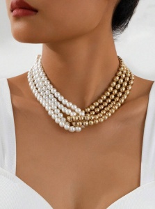 Colier choker model francez, cu mai multe siruri de margele, culoarea alb si auriu - Img 6