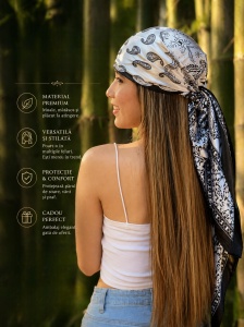 Esarfa dama satin 90x90 cm, imprimeu paisley alb-negru, esarfa patrata mare, textura matasoasa, bandana par / batic elegant, accesoriu versatil pentru tinute - Img 5