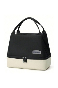 Geanta de pranz portabila din poliester pentru scoala, birou, calatorie, model Duo, 20 x 14 x 24 cm, culoarea negru, theCasius.®