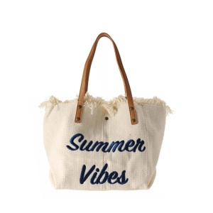 Geanta shopper cu franjuri, litere brodate, lungime 45 cm, culoare bej