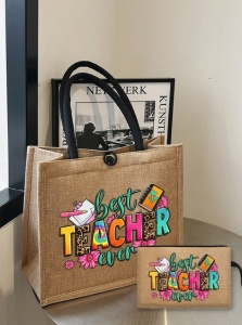 Geanta tote din in cu portofel, model Best Teacher, 31x34x14cm, bej - Img 4