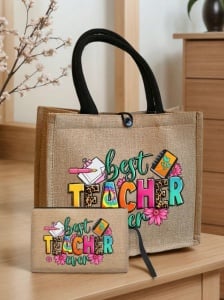 Geanta tote din material de in cu portofel, model Best Teacher varianta B, 31 x 34 x 14 cm, culoarea bej - Img 2