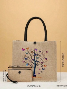 Geanta tote din material de in cu portofel, model Copac cu fluturi, 31 x 35 x 13.5 cm, culoarea bej - Img 5