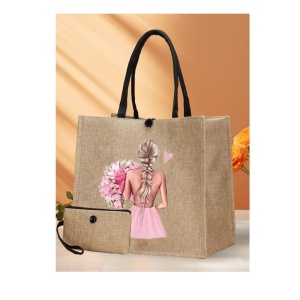 Geanta tote din material de in cu portofel, model Fata cu buchet mare de flori roz, 34x30x17.5 cm - Img 2