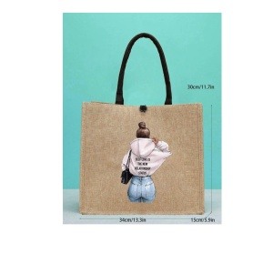 Geanta tote din material de in cu portofel, model Fata cu hanorac alb, 34x31x15x15 cm, culoarea bej - Img 4