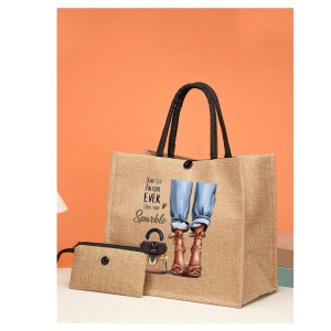 Geanta tote din material de in cu portofel, model Fata pe tocuri, 34 x 31 x 15 cm cm, culoarea bej - Img 2