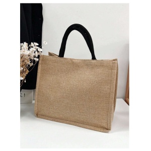 Geanta tote din material de in cu portofel, model Pisica neagra cu ceasca de cafea, 30x34x15x14 cm, culoarea bej - Img 4