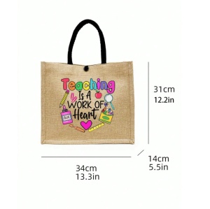 Geanta tote din material de in cu portofel, model Teaching, potrivita pentru invatatoare, 31 x 34 cm, culoarea bej - Img 6