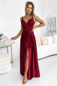 JULIET rochie lungă elegantă de satin cu decolteu și slit pe picior - VISINIU