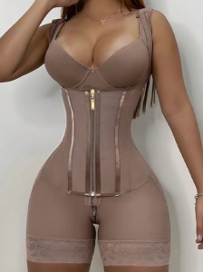 Lenjerie modelatoare tip faja columbiana, confera fermitate, cu capse si fermoar, culoarea bej - Img 6
