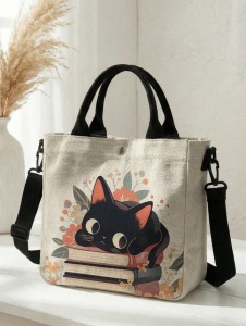 Mini geanta tote dama din panza cu imprimeu pisica, inchidere cu capse, curea crossbody detasabila, model multifunctional