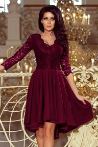 NICOLLE - rochie cu spatele mai lung și decolteu din dantelă - PRUNĂ