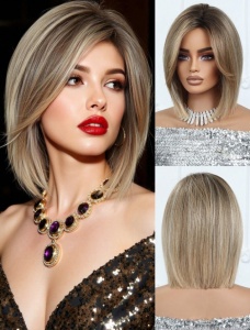 Peruca bob cu breton, lungime 25 cm, culoarea saten deschis suvitat nuante cu radacinile inchise - Img 3