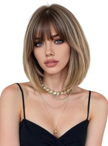 Peruca bob cu breton, lungime 30 cm, culoarea blond deschis suvitat cu radacinile inchise