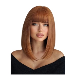 Peruca pentru femei, bob lung cu breton, imita parul natural, 40 cm, culoarea roscat