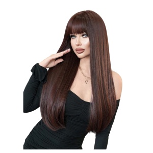 Peruca pentru femei, par lung cu breton, imita parul natural, 70 cm, culoarea maro roscat