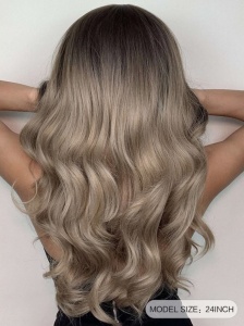Peruca pentru femei, par lung usor ondulat, cu breton, imita parul natural, culoarea blond cenusiu ombre, lungime 66 cm - Img 3