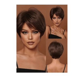 Peruca pentru femei, par scurt bob, cu breton, imita parul natural, culoarea saten inchis, lungime 25 cm, The Casius.® - Img 2
