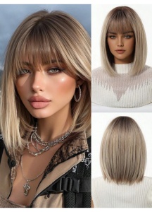 Peruca pentru femei, tunsoare Bob scurta dreapta, cu breton, fibra sintetica rezistenta la caldura, 30 cm, blond auriu - Img 2