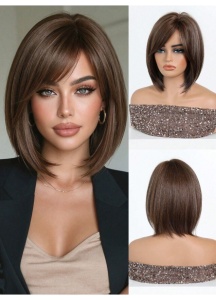 Peruca pentru femei, tunsoare par scurt bob, cu breton, 25 cm, saten maro - Img 6
