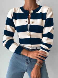 Pulover casual pentru dama cu nasturi, model cu dungi, marime universala, culoarea alb cu bleumarin - Img 5