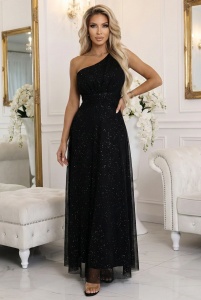 Rochie de seară lungă, strălucitoare, cu un singur umăr - neagră clasică