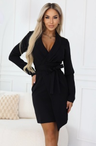 Rochie elegantă tip sacou cu curea și tiv asimetric - neagră - Img 4
