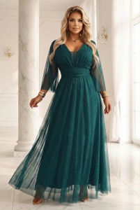 Rochie lungă, strălucitoare, mărime plus, cu decolteu rotund și mâneci transparente - verde sticlă
