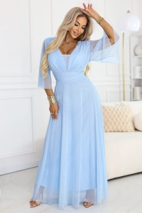 Rochie lungă strălucitoare plus size cu decolteu și mânecă transparentă - albastru deschis