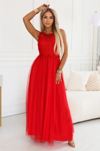 Rochie maxi romantică pentru nuntă cu dantelă brodată și tul - roșie