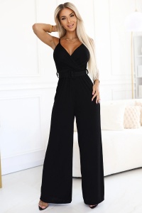 Salopetă elegantă cu decolteu înfășurat, croi larg și curea - Negru