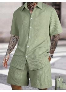 Set barbati vara camasa maneca scurta, inchidere cu nasturi si pantaloni scurti cu buzunare oblice, uni, verde - Img 6