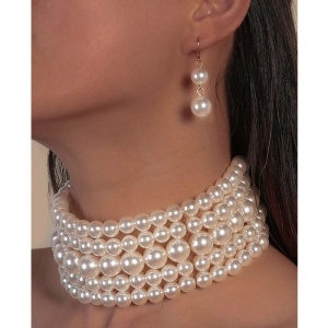 Set colier choker din multiple siraguri de perle albe faux si cercei perla, culoarea alb - Img 6
