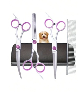 Set foarfece profesionale grooming animale 6 in 1, otel inoxidabil, foarfece curbate si drepte, pieptene inclus, pentru caini si pisici, dreptaci